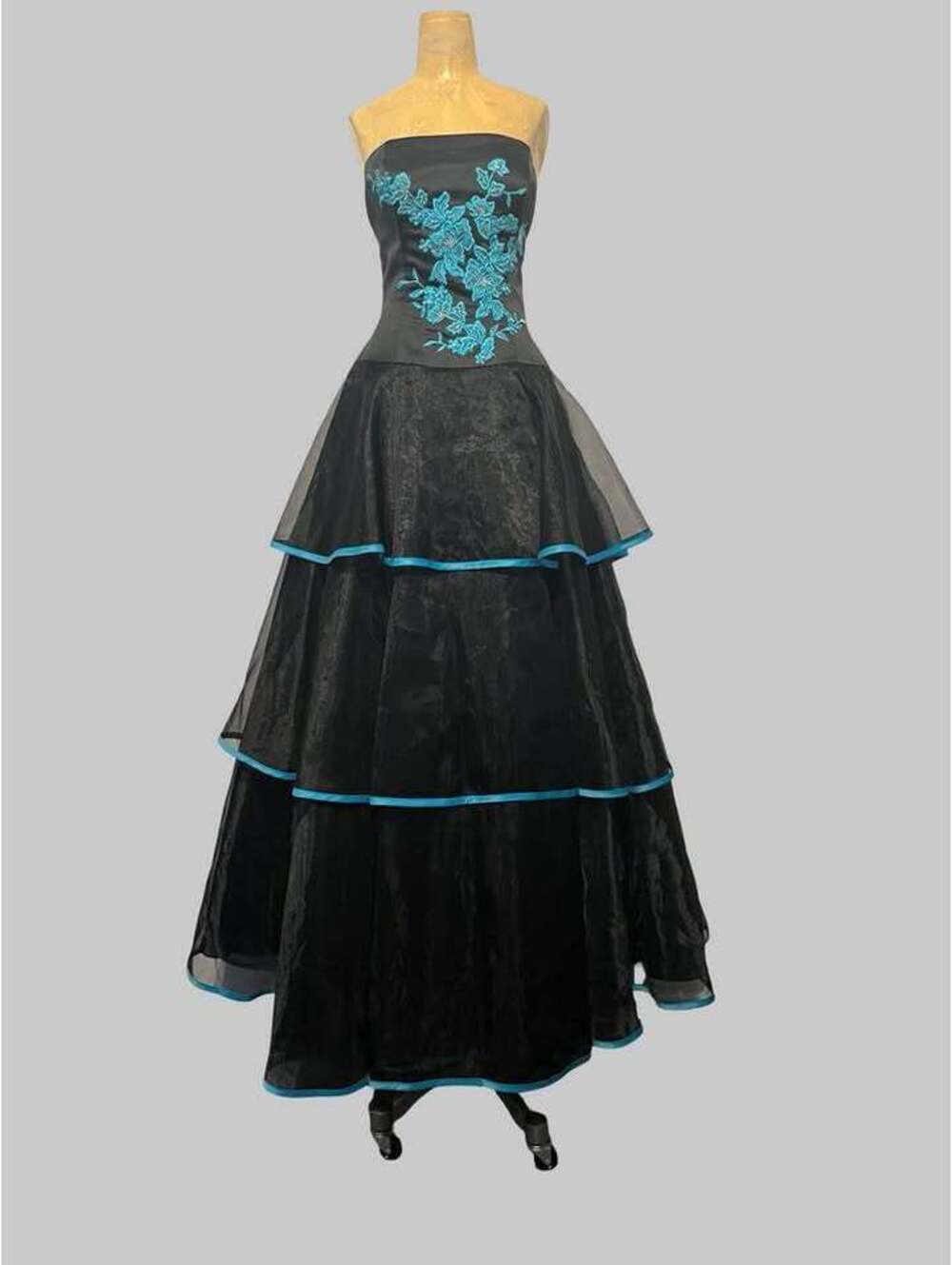 Black Strapless Tiered Gown with Turquoise Floral Embroidery